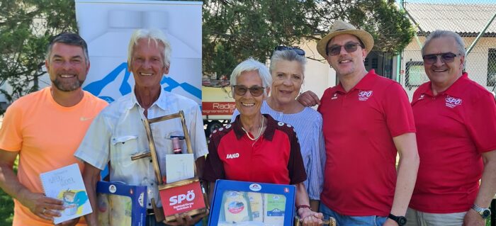 Ehrung der Sieger (von links) Stadtparteivorsitzender Christian Klammer, 2 Spieler des Siegerteams, Vizebürgermeisterin Angelika Hinteregger, GR René Haßlacher, Vorsitzender Naturfreunde Peter Dekan